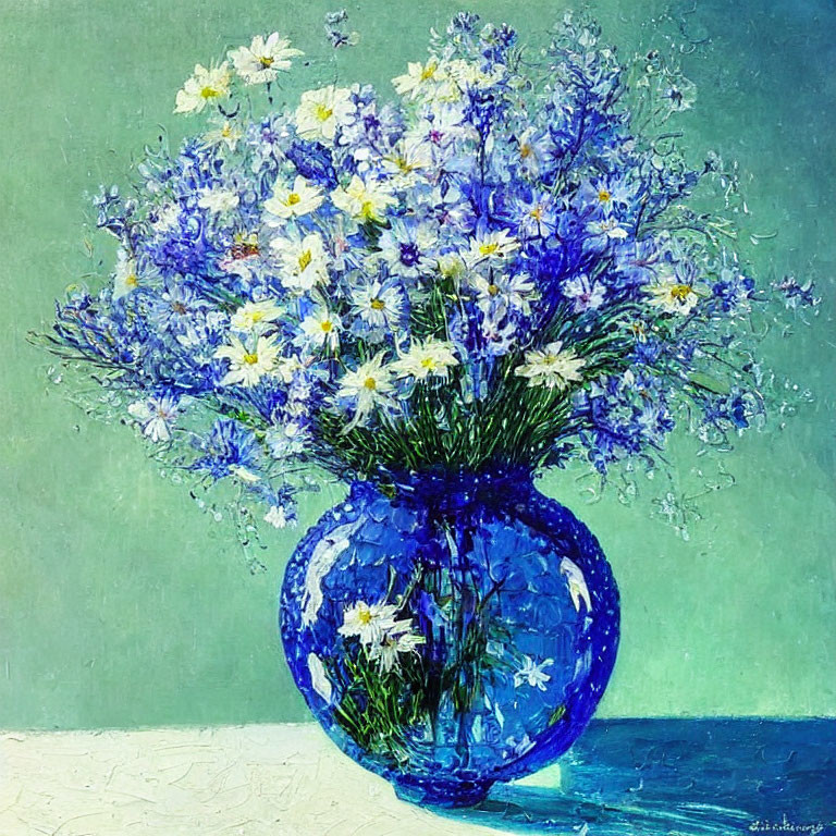 Blue and White Flowers in Blue Vase on Textured Green Background