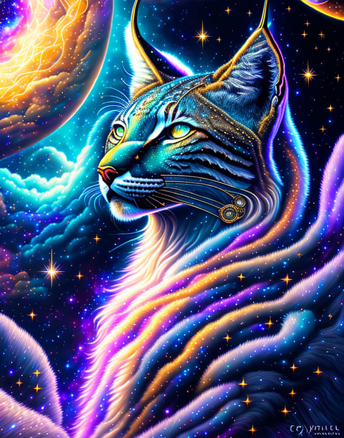 Colorful Cosmic Cat Illustration with Stars and Galaxies