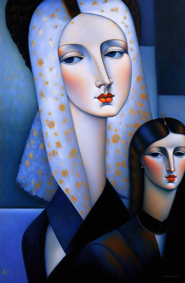 Abstract painting of two elongated figures with bold features on blue backdrop