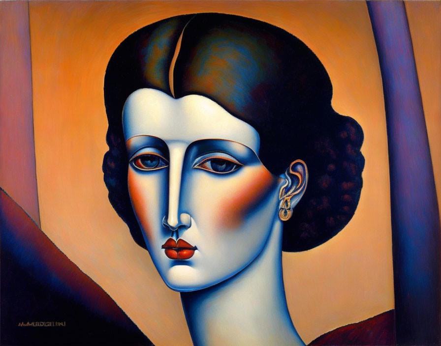 Stylized surreal portrait with exaggerated features and warm colors