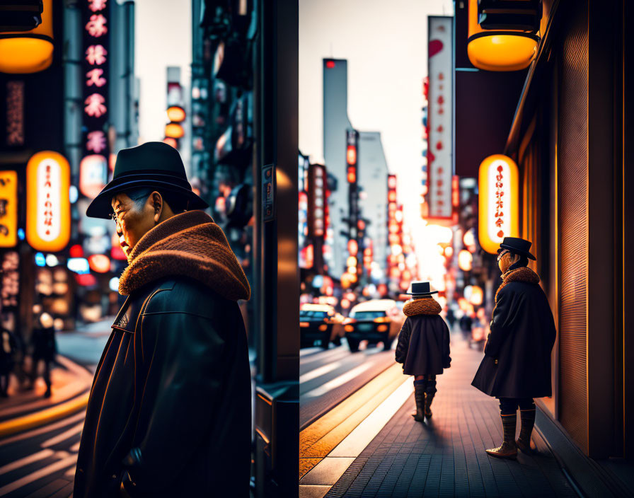 Stylish person in hat and coat on city street at twilight