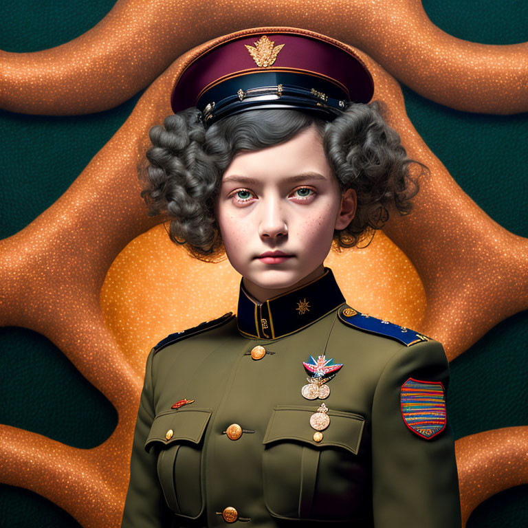 Young person in military uniform with medals on abstract orange background