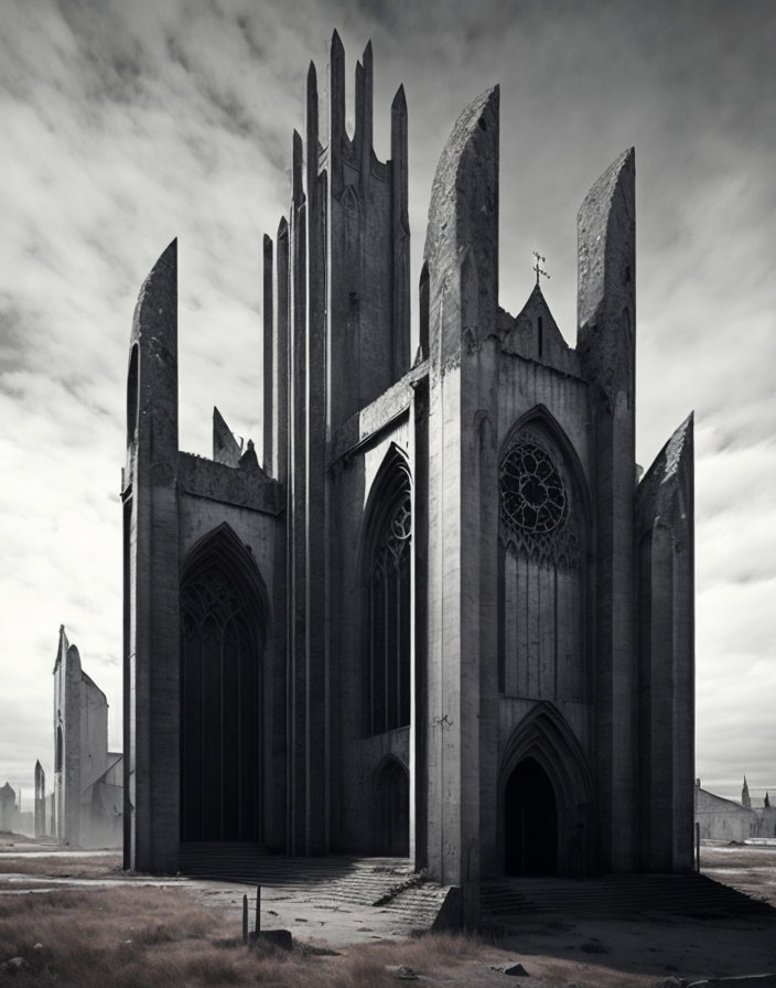 Monochrome photo of modern gothic cathedral with tall spires