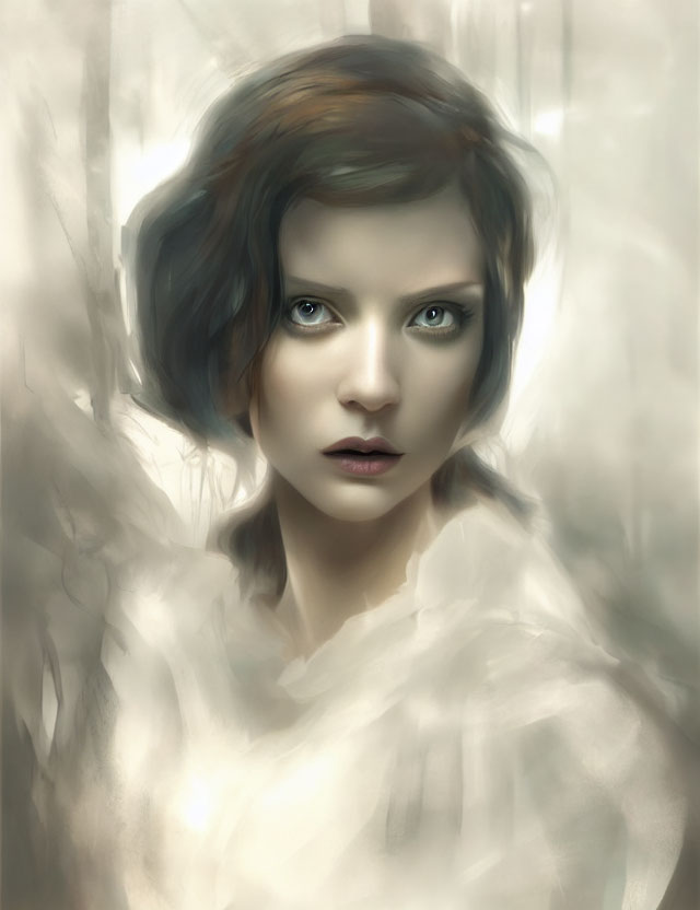 Ethereal portrait of woman with blue eyes and dark hair