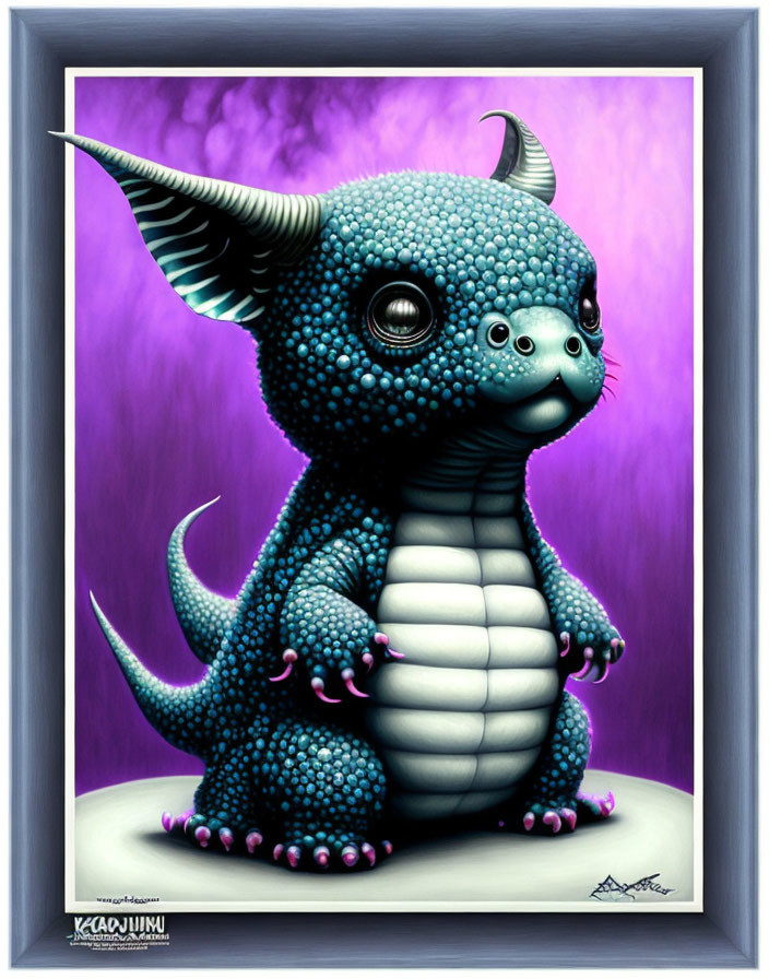 Blue dragon-like creature with horns and textured body on purple background