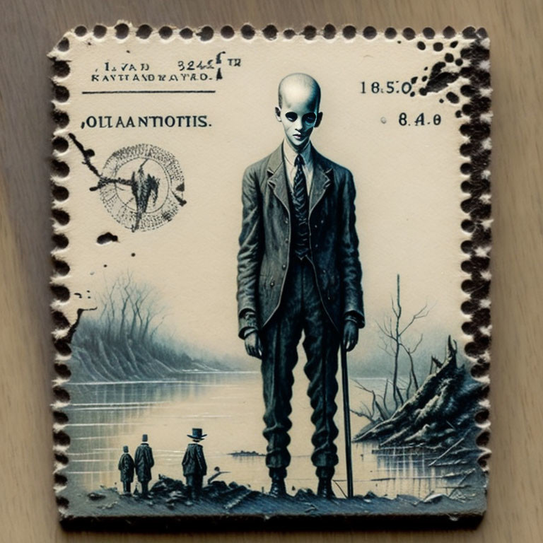 Elongated humanoid figure in suit in vintage-style artwork