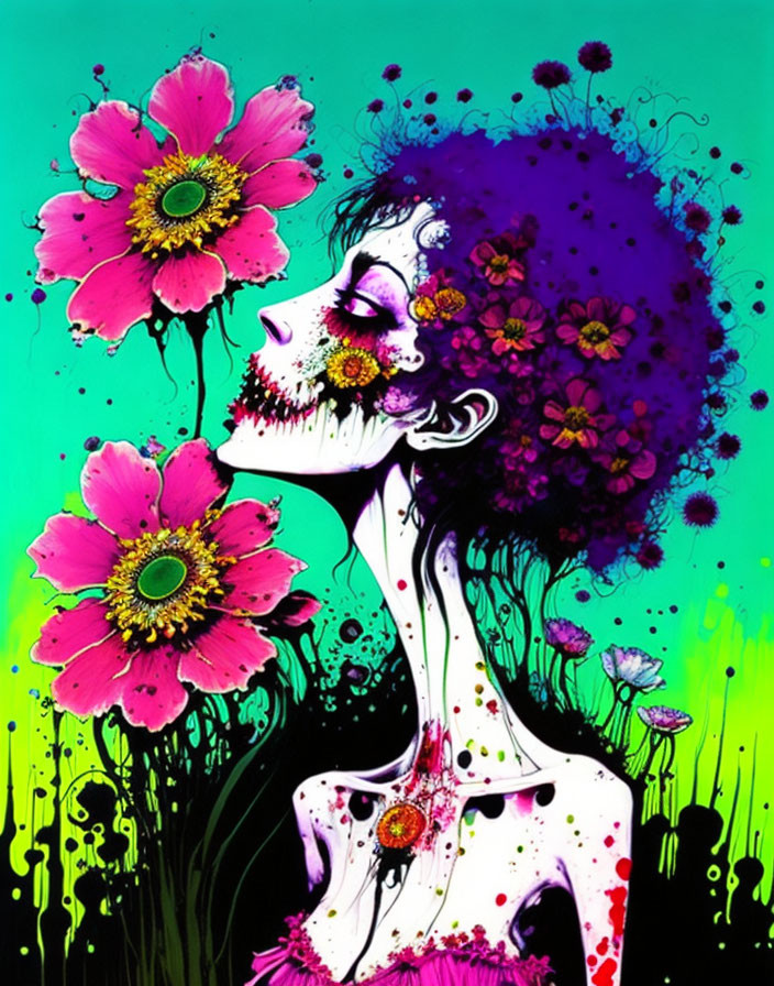 Colorful artwork: Female figure with purple floral hair on luminous green background