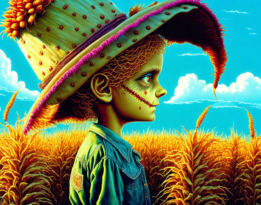 Child with large ornate hat in golden wheat field under blue sky