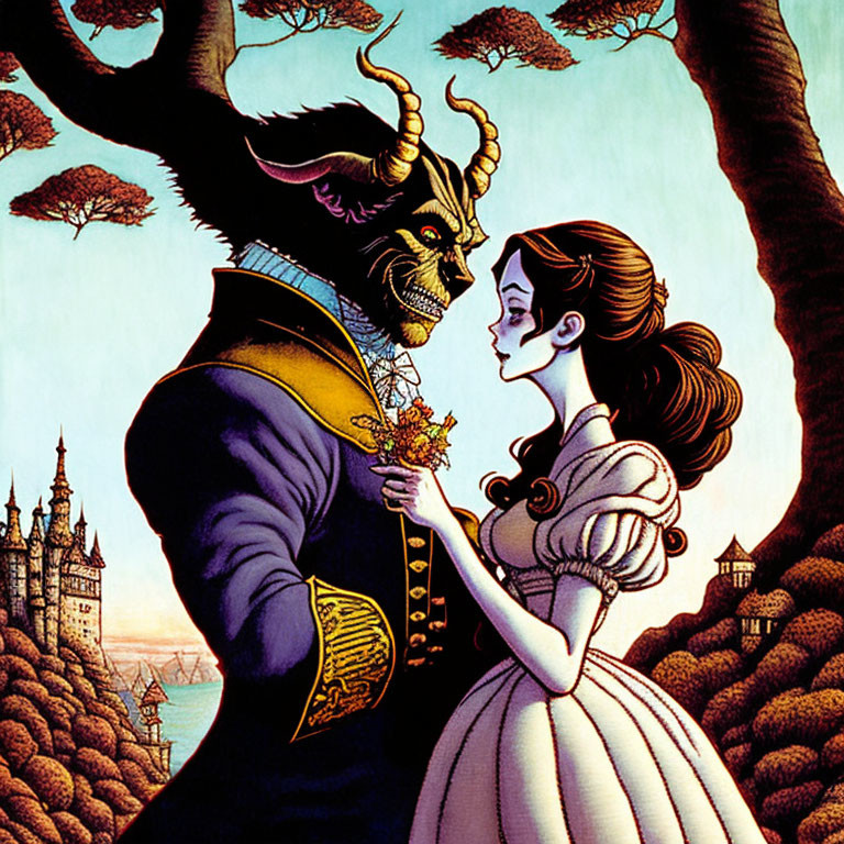 Fantasy castle scene with beast and woman in formal attire