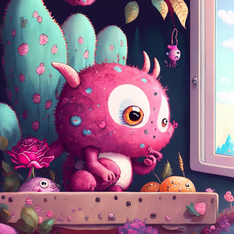 Colorful one-eyed monster surrounded by plants in whimsical illustration