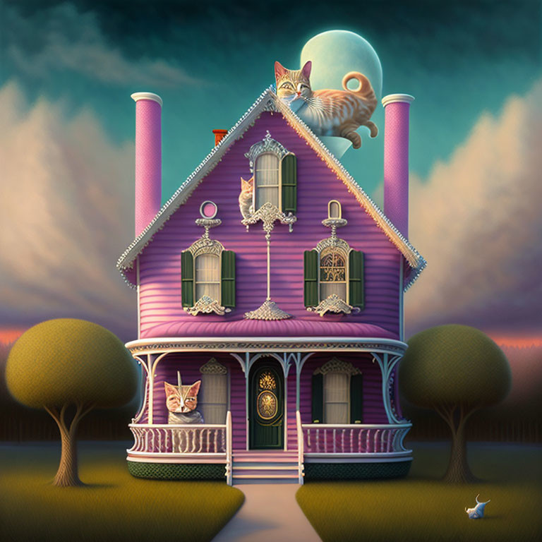 Whimsical painting: Purple Victorian house, cats, full moon, surreal trees, white rabbit