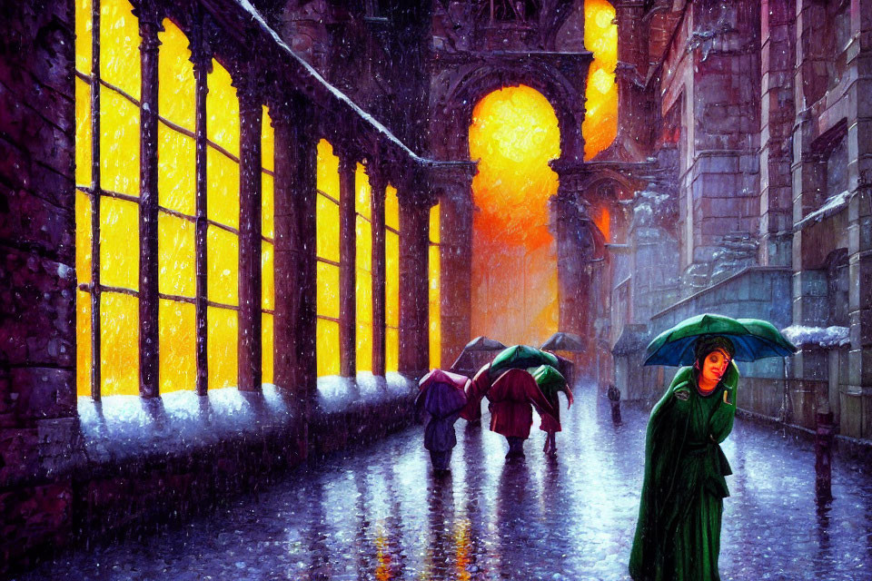 Rainy Evening Scene: People with Umbrellas by Glowing Building