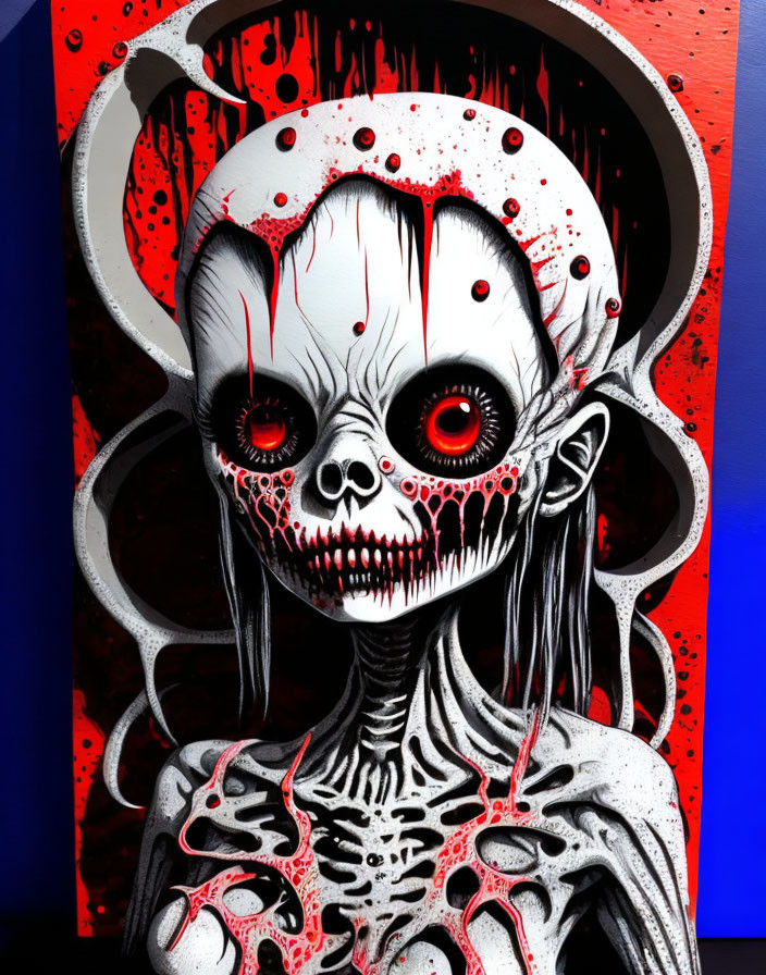 Skeletal figure with red eyes and dripping substance on skull on red and blue background