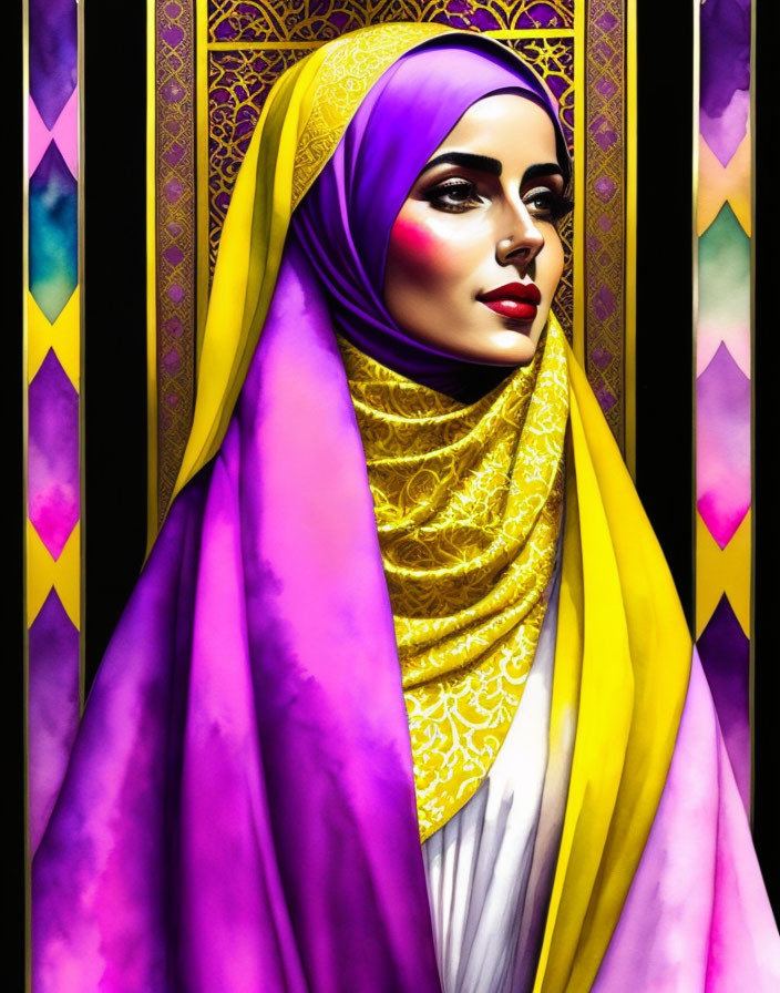 Colorful digital portrait of woman in purple and gold hijab with stained-glass background