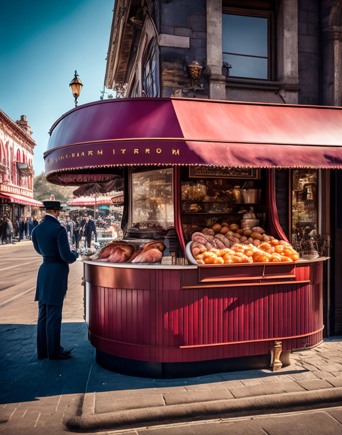 Man in suit at traditional bread stall under clear blue sky with vintage buildings.