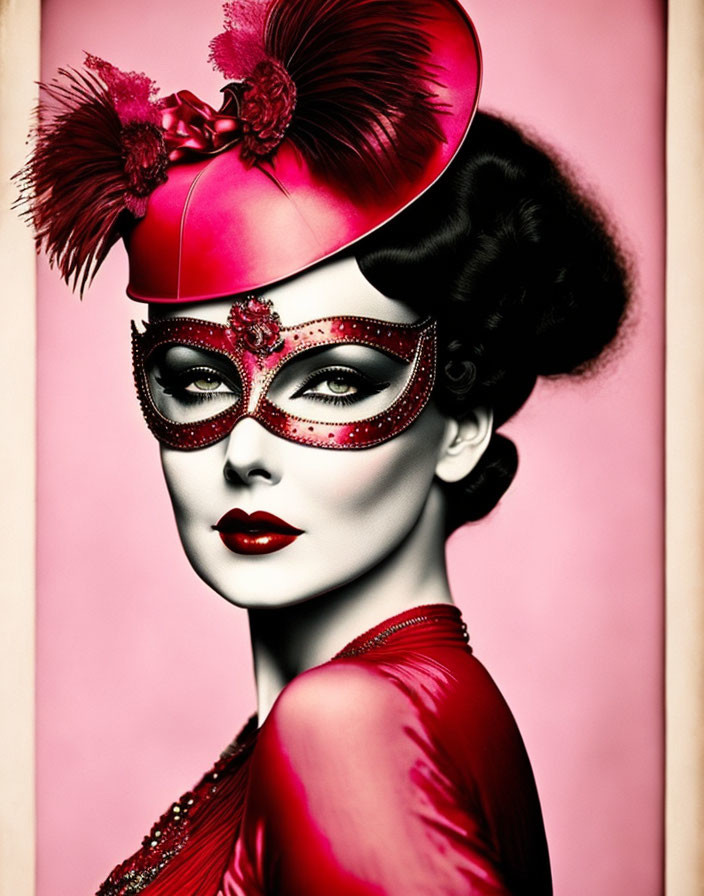 Stylized makeup woman in red hat, mask, gloves on pink background