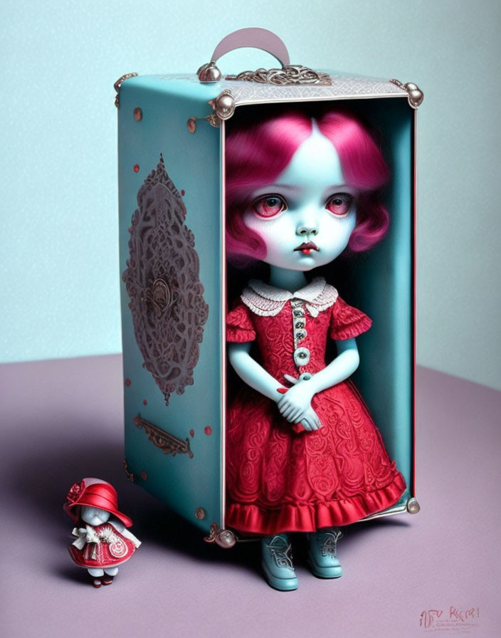 Pink-haired doll in red dress inside turquoise suitcase with miniature version.