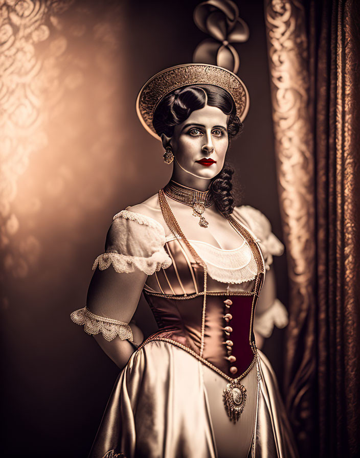 Vintage Attire Woman Poses with Parasol Hat in Ornate Dress