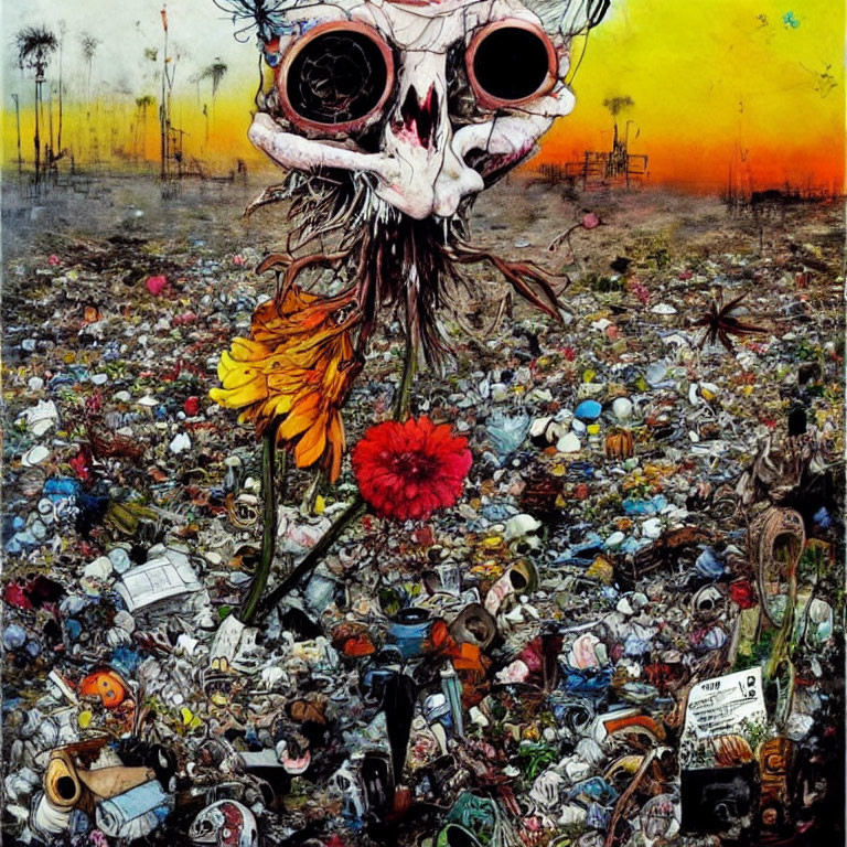 Surreal skull with flower eyes in chaotic backdrop