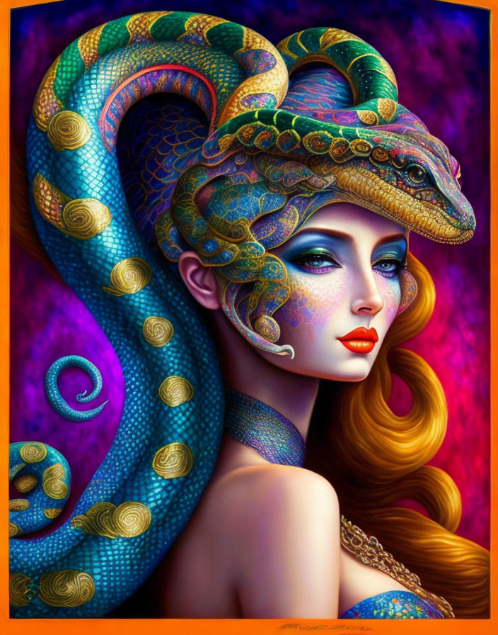 Colorful illustration of woman with serpentine features and vivid makeup on purple background