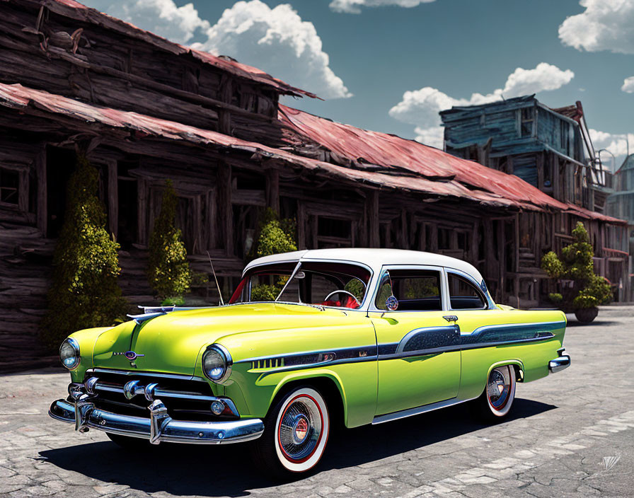 Vintage Yellow and Green Car with Chrome Detailing Parked in Front of Old Wooden Building