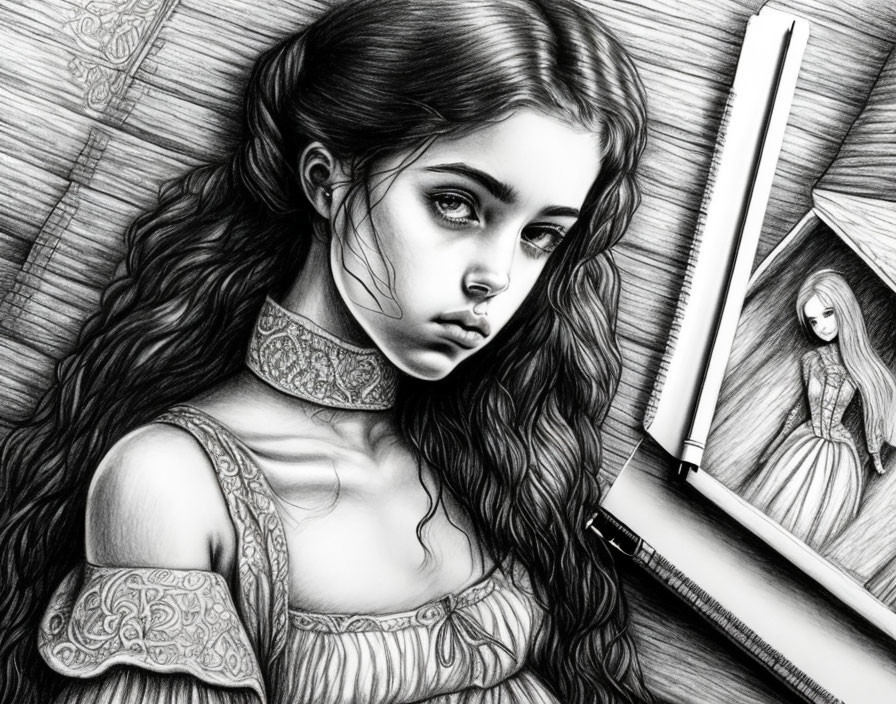 Detailed grayscale drawing of pensive woman with long hair, next to sketchbook and pencil.