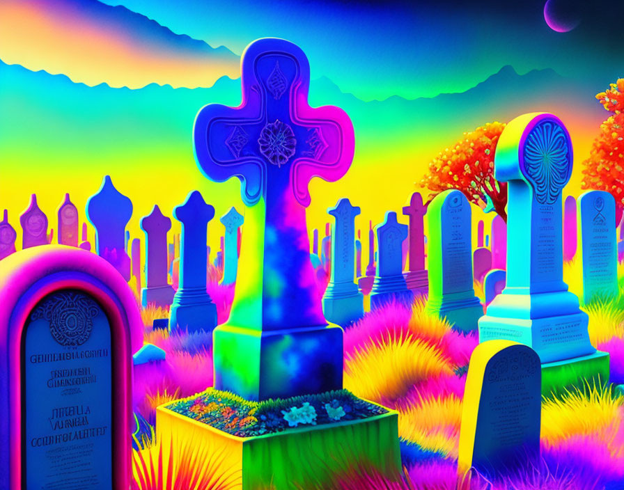 Colorful Tombstones in Surreal Neon Graveyard