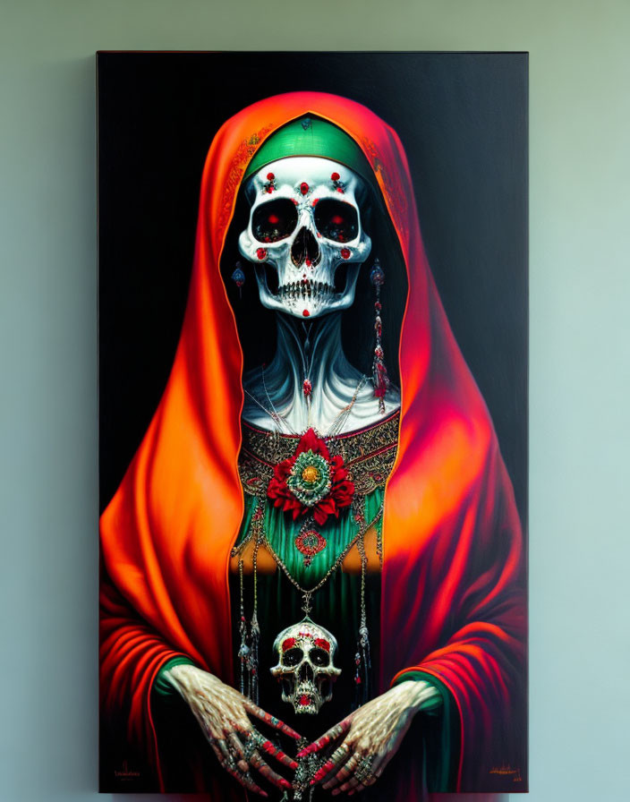 Colorful Skull Painting with Floral Patterns and Red Fabric Drapery