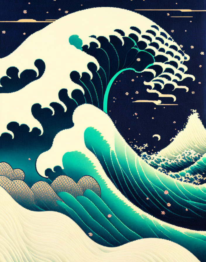 Ocean-themed artwork: stylized waves in blue and white with gold accents