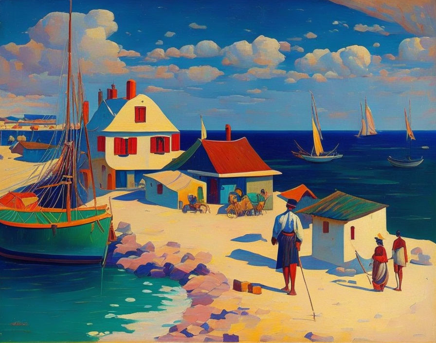 Colorful Coastal Scene with Buildings, Boats, and People