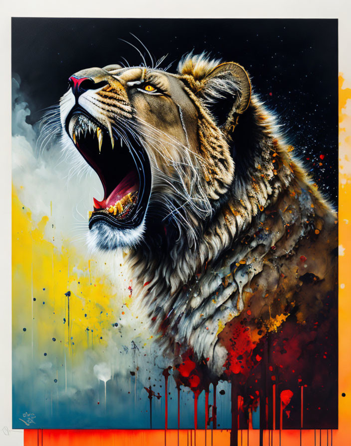 Colorful Roaring Lion Painting with Intense Eyes