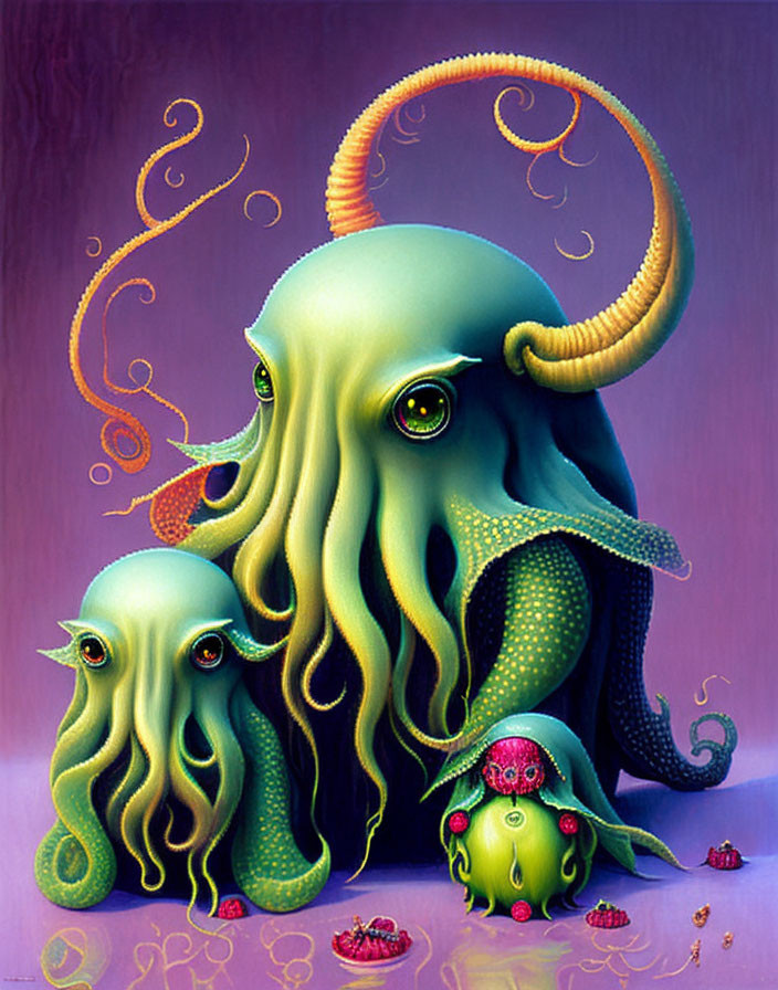 Surreal artwork: Two creatures with tentacle-like features and spiraled horns on a purple backdrop