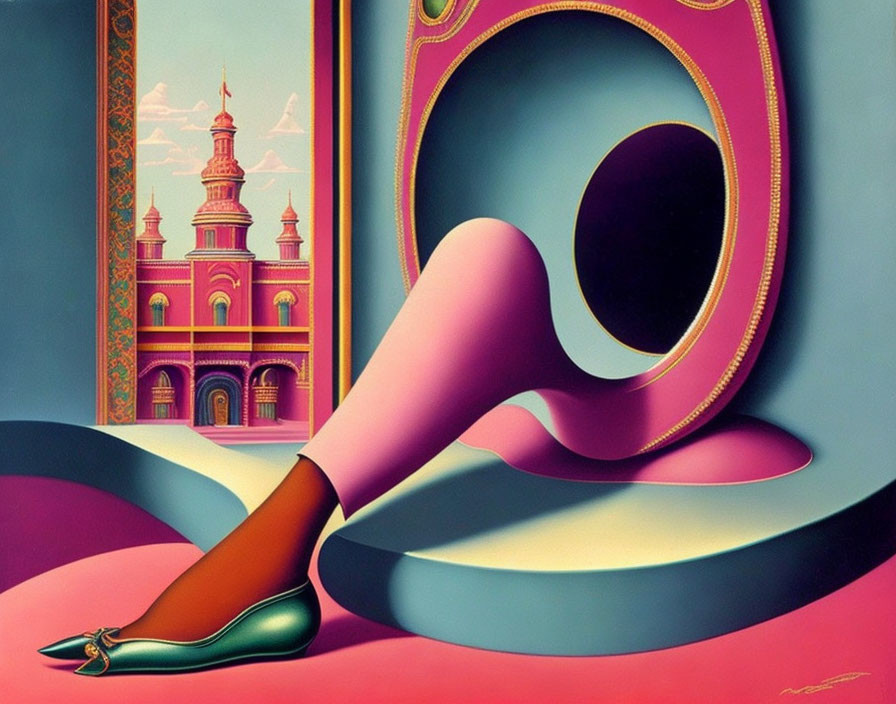 Surreal artwork: Elongated female legs in heels stepping through frame into fantastical landscape