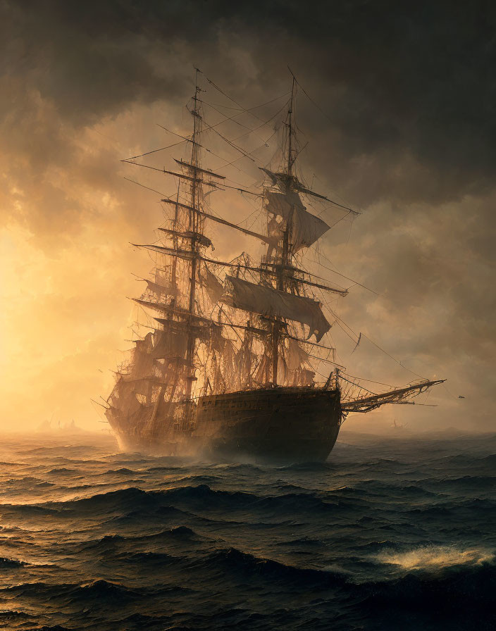 Tall ship sailing through stormy seas under dramatic sky