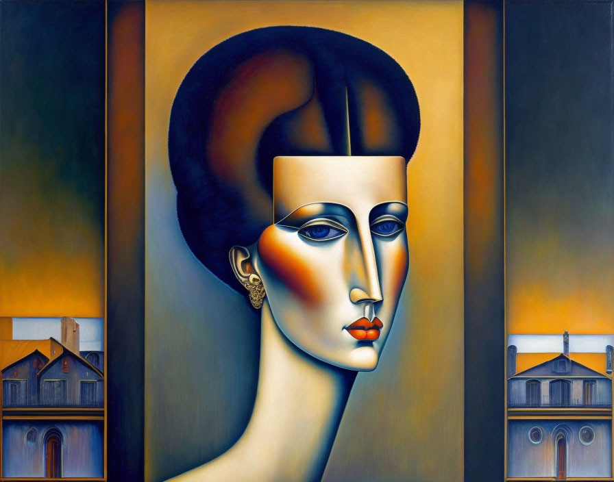 Stylized Female Face Triptych with Surreal Architecture