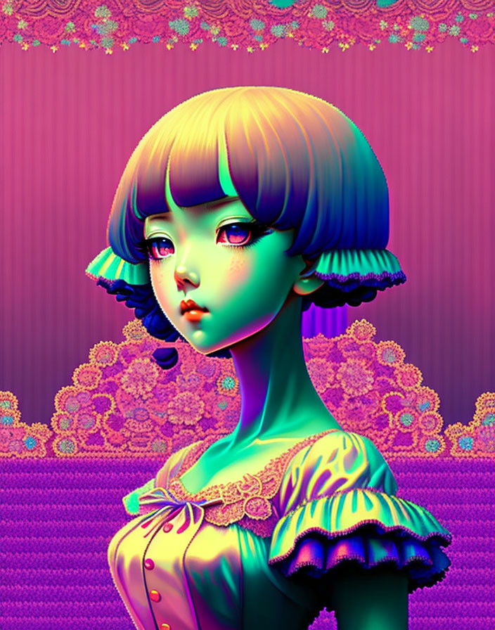 Stylized digital artwork: green-skinned girl with big eyes in colorful, psychedelic setting