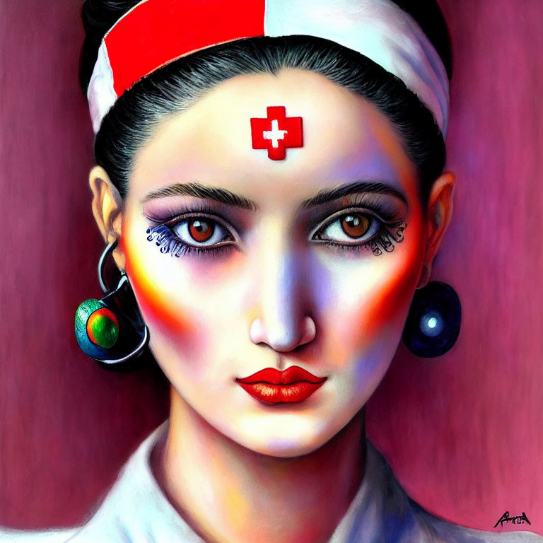 Colorful portrait of a woman with nurse's cap and unique earrings