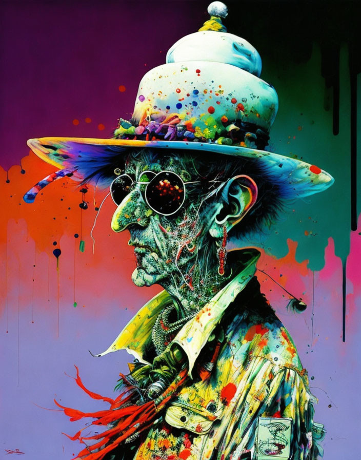 Vibrant portrait of elderly person with sunglasses and paint-splattered hat