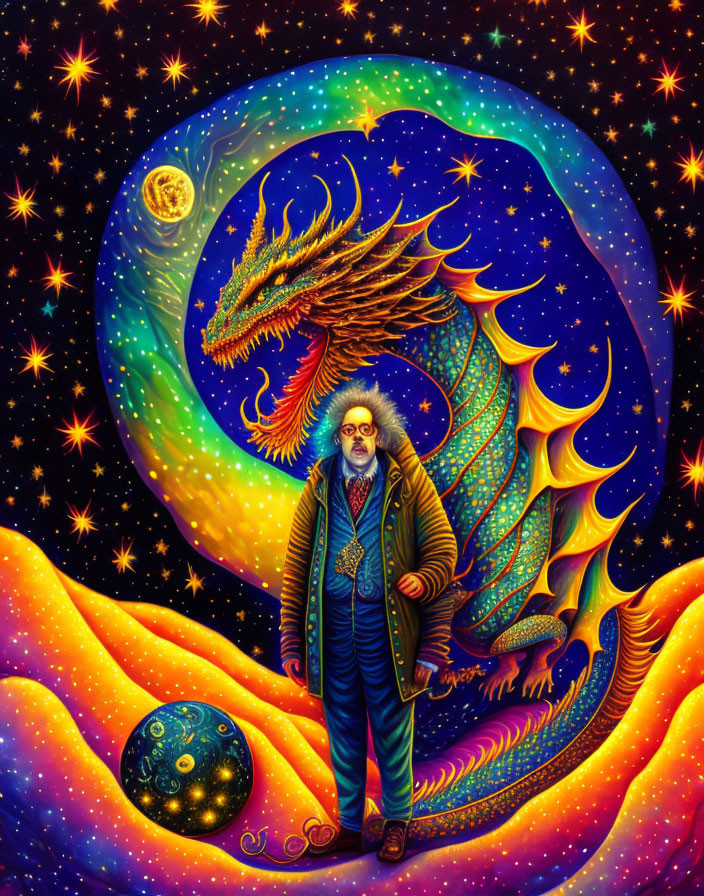 Colorful illustration: person in classic attire with cosmic dragon, planets, stars