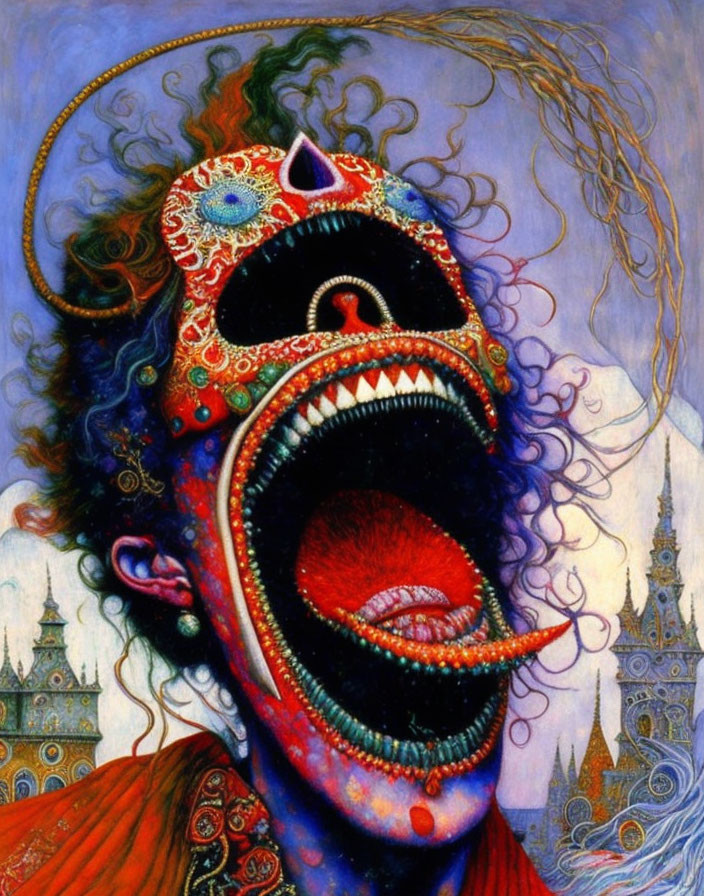 Colorful surreal painting of a yelling face with intricate details and Eastern architectural background.