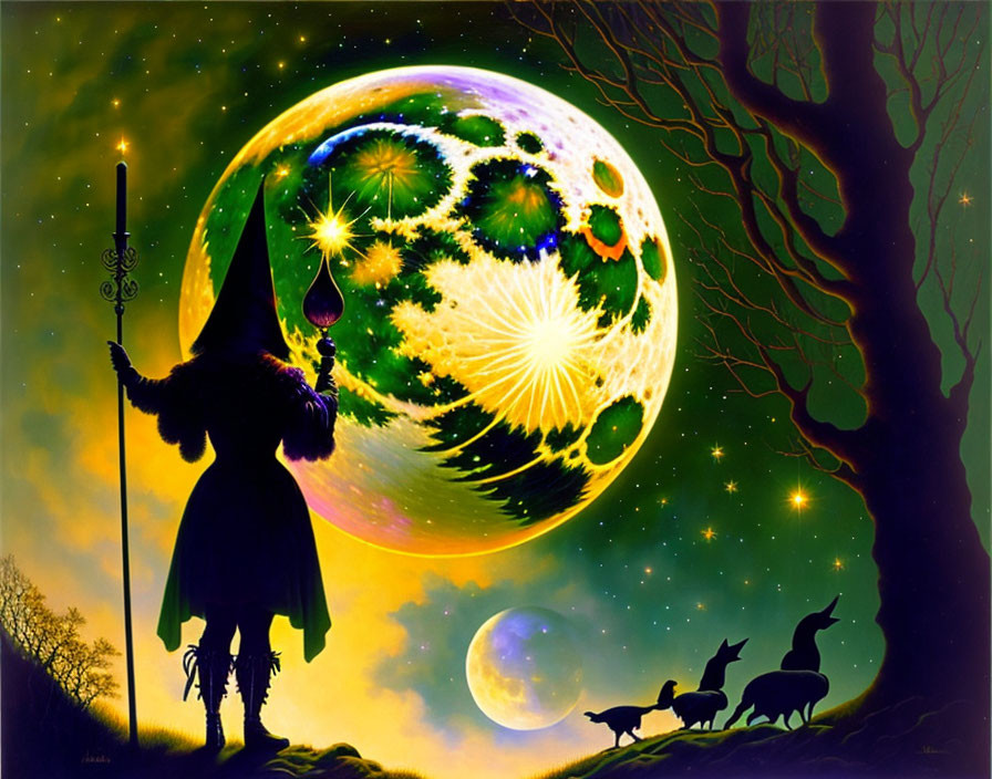 Silhouetted cloaked figure with staff in cosmic backdrop with planets, rabbit, tree, star