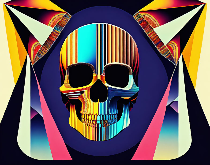 Colorful symmetrical skull with abstract patterns on dark background and mirrored triangles