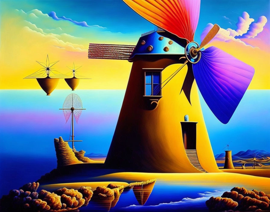 Vibrant surreal painting of whimsical windmill and abstract sea landscape