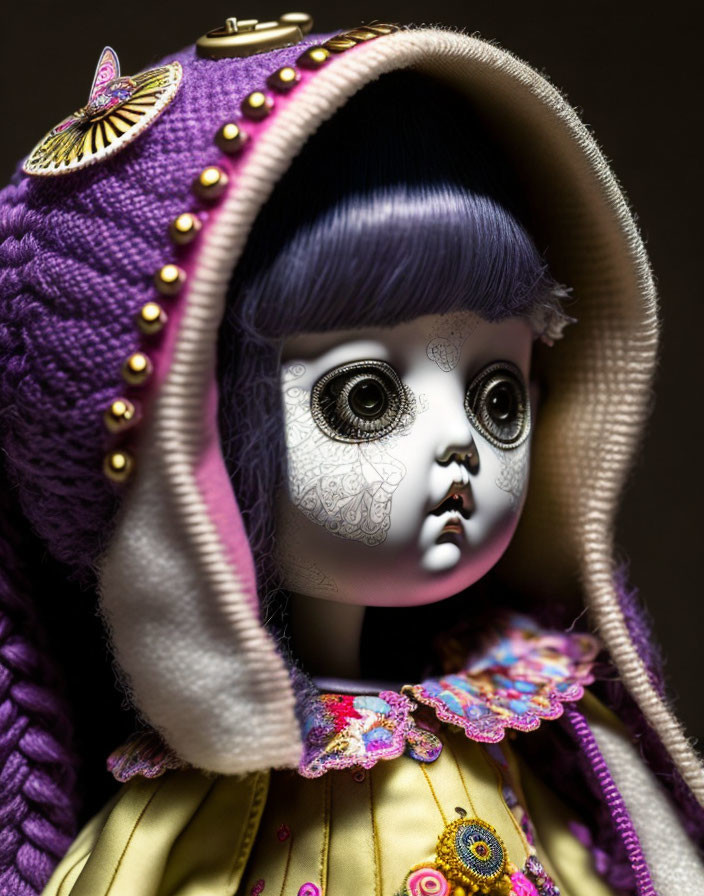 Detailed Doll with Purple Knit Bonnet and Floral Dress