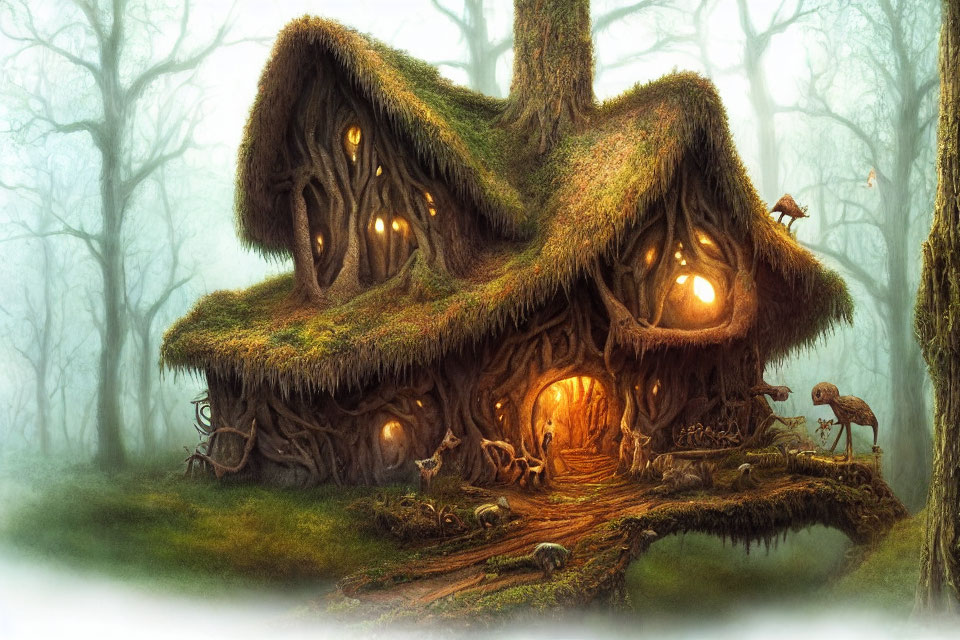 Thatched Roof Cottage in Enchanted Forest with Glowing Windows