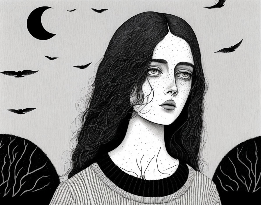 Monochrome illustration of woman with birds, trees, and crescent moon