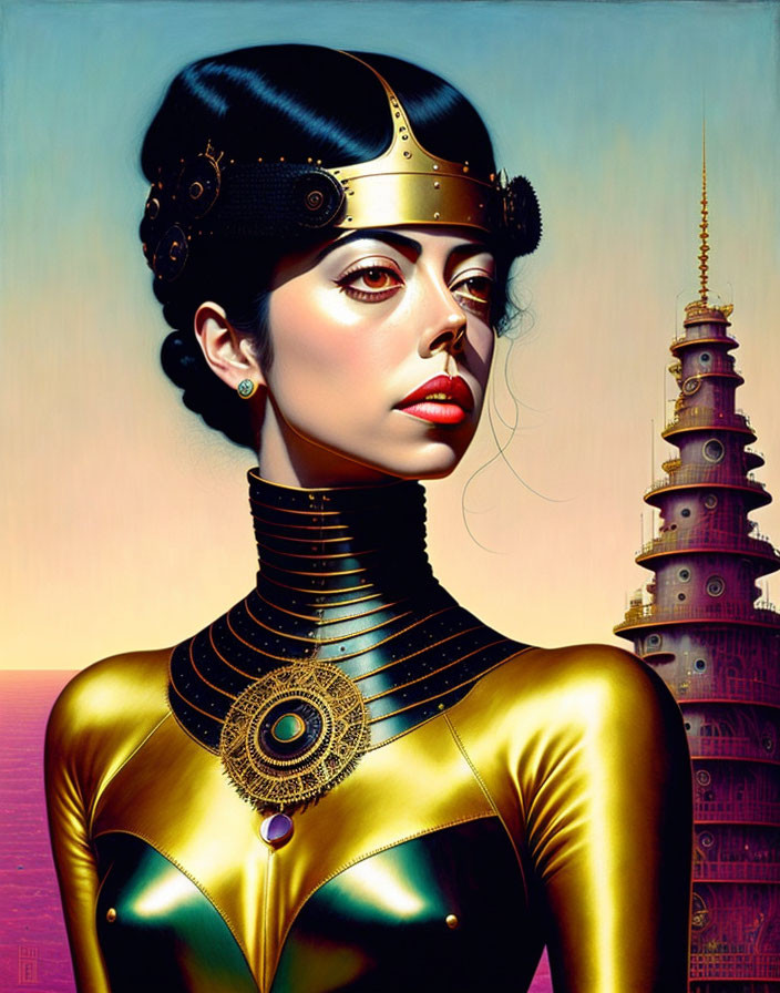 Stylized portrait of a woman with gold headdress in futuristic setting