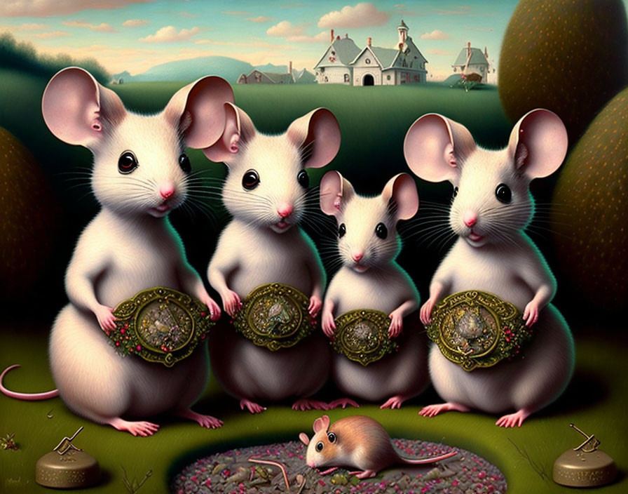 Anthropomorphic mice with ornate clock bellies in pastoral landscape