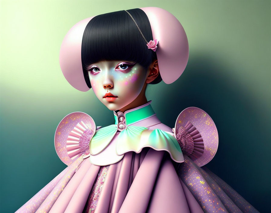 Stylized digital illustration of girl with large eyes and futuristic pink attire