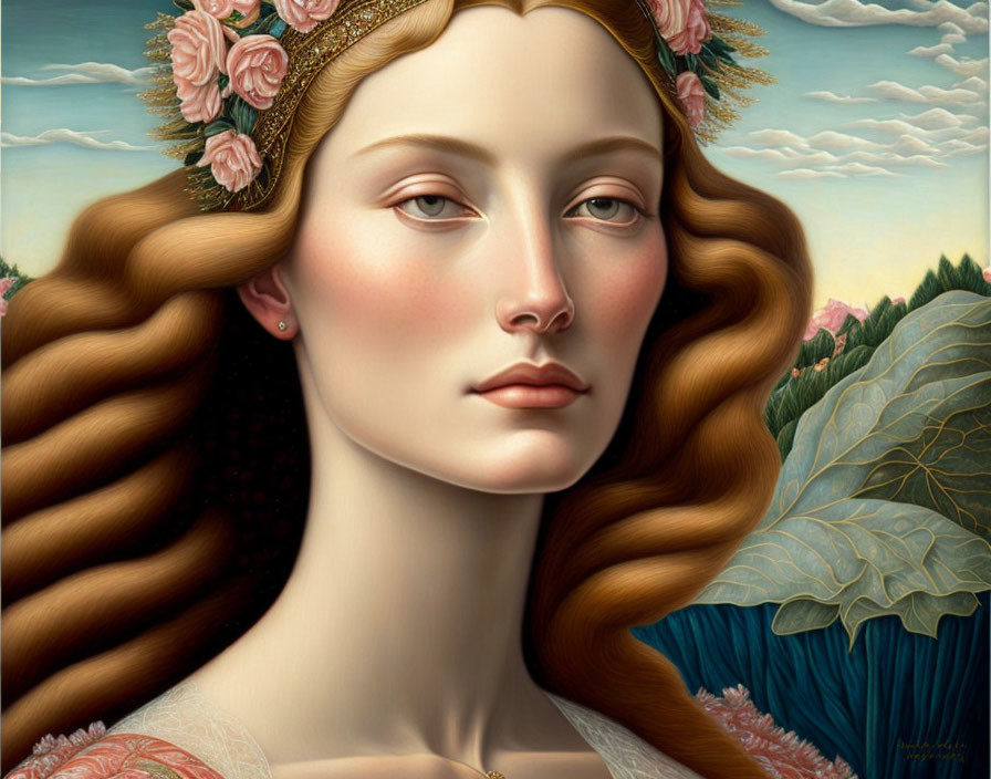 Woman with roses in flowing hair in serene pastoral scene